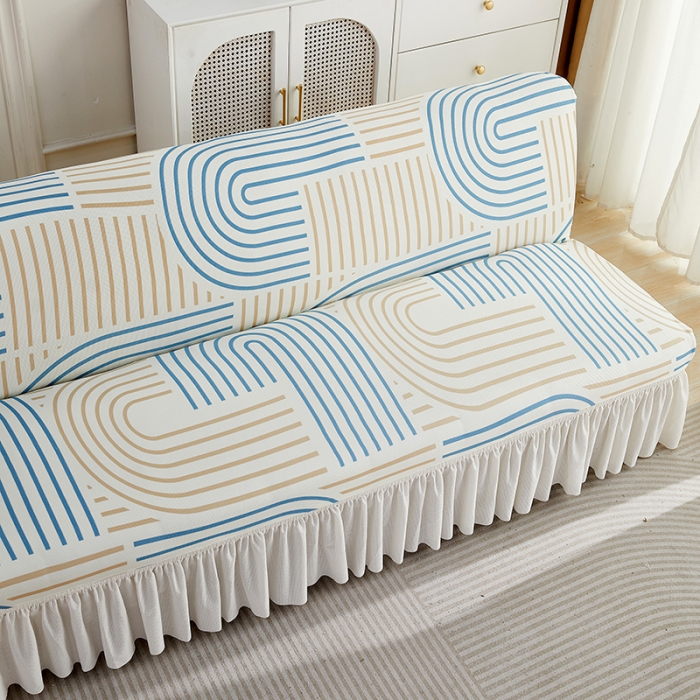 91家纺网 家纺一手货源 找家纺 丝绮鹿 2023新款针织柔肤格沙发床套裙边款 几何-蓝