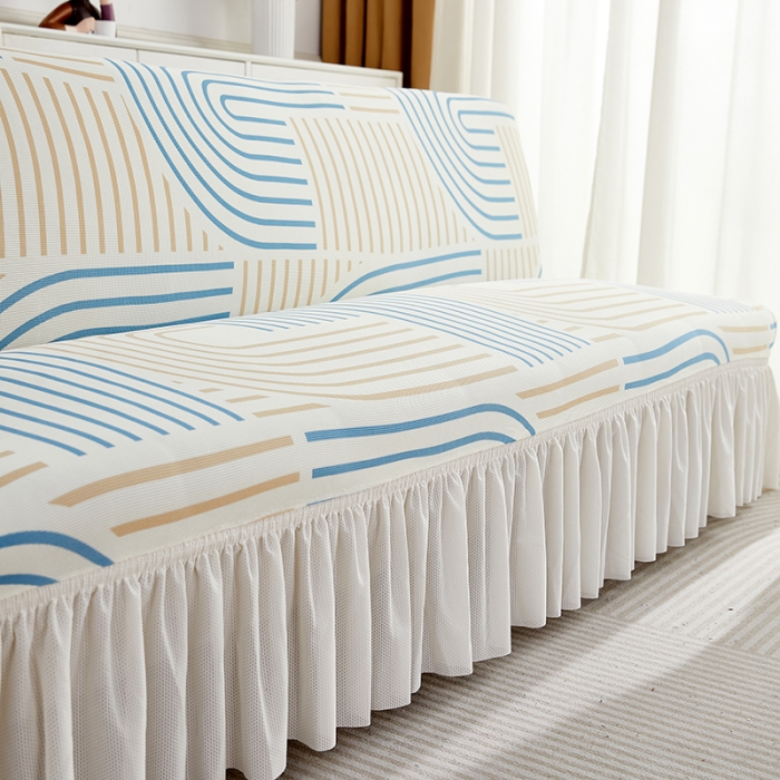 91家纺网 家纺一手货源 找家纺 丝绮鹿 2023新款针织柔肤格沙发床套裙边款 几何-蓝