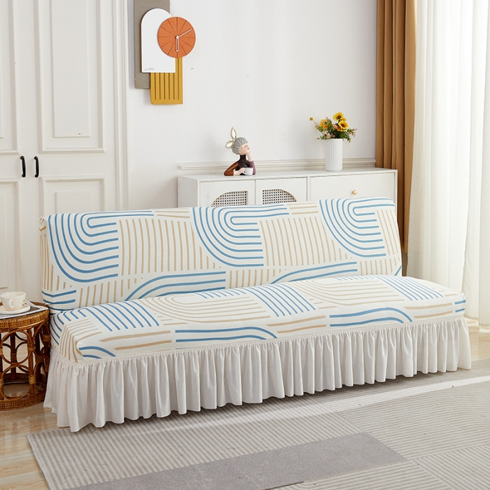 91家纺网 家纺一手货源 找家纺 丝绮鹿 2023新款针织柔肤格沙发床套裙边款 几何-蓝