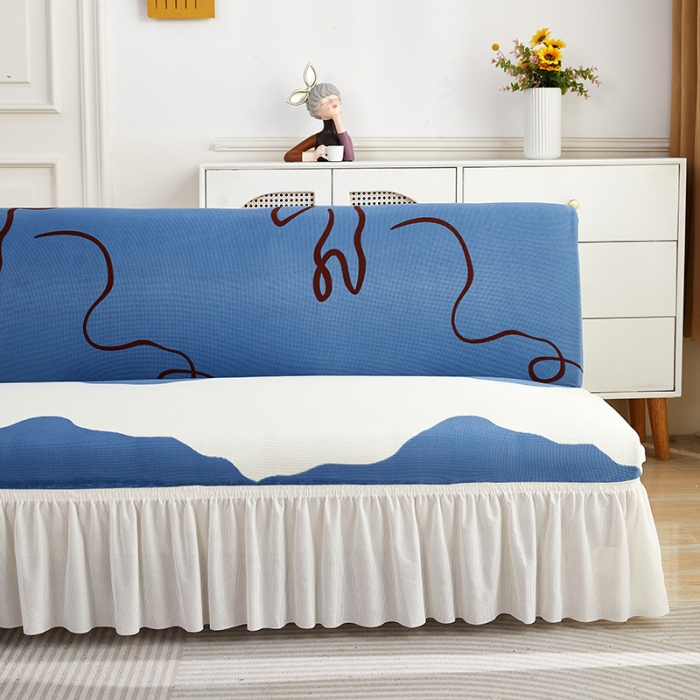 91家纺网 家纺一手货源 找家纺 丝绮鹿 2023新款针织柔肤格沙发床套裙边款 简爱-蓝色