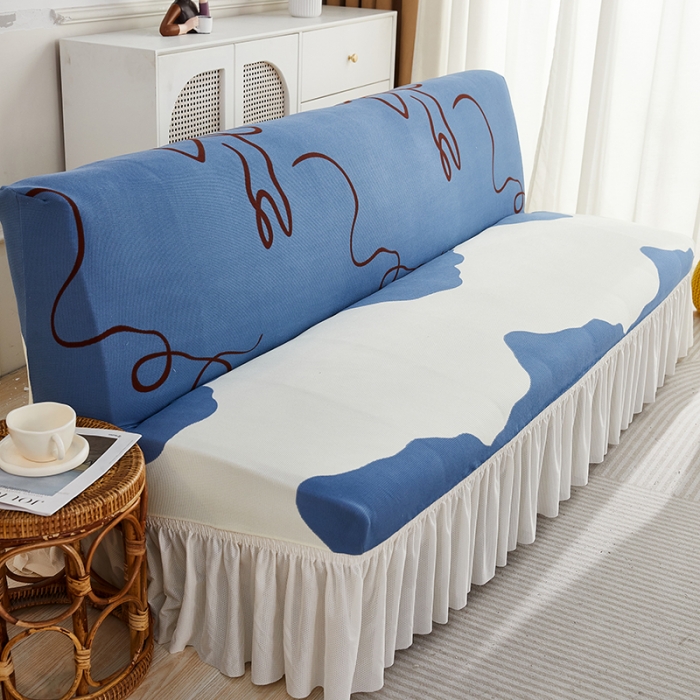 91家纺网 家纺一手货源 找家纺 丝绮鹿 2023新款针织柔肤格沙发床套裙边款 简爱-蓝色