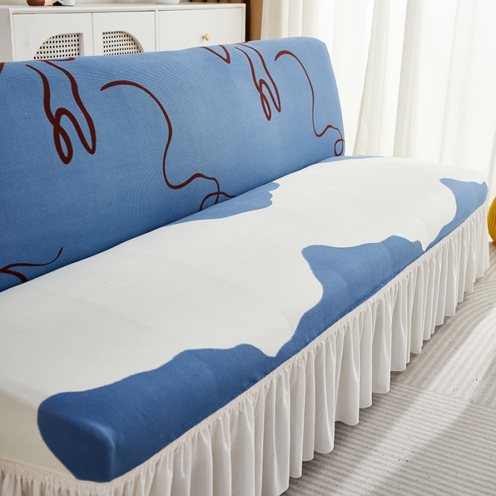 91家纺网 家纺一手货源 找家纺 丝绮鹿 2023新款针织柔肤格沙发床套裙边款 简爱-蓝色