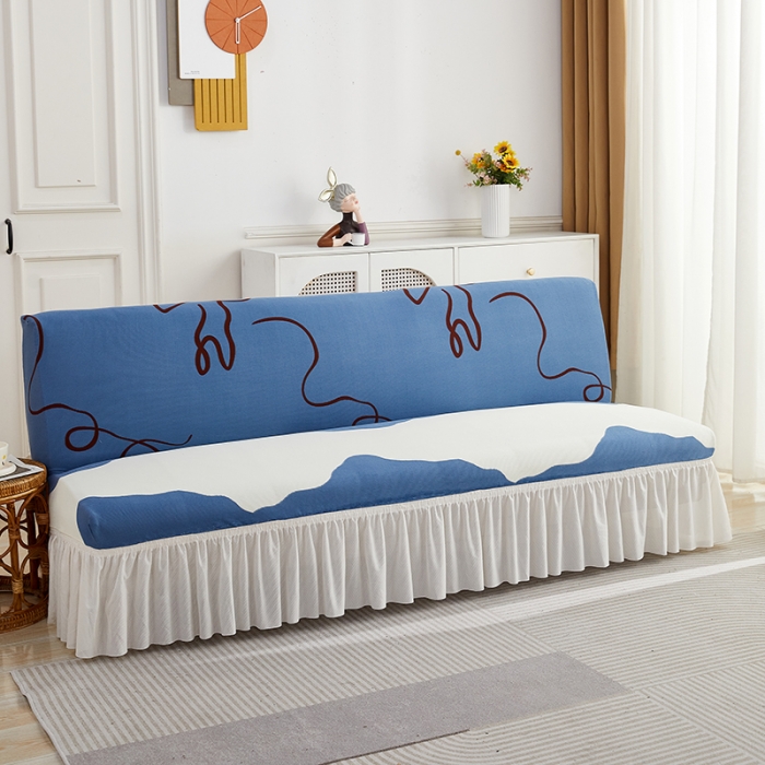 91家纺网 家纺一手货源 找家纺 丝绮鹿 2023新款针织柔肤格沙发床套裙边款 简爱-蓝色