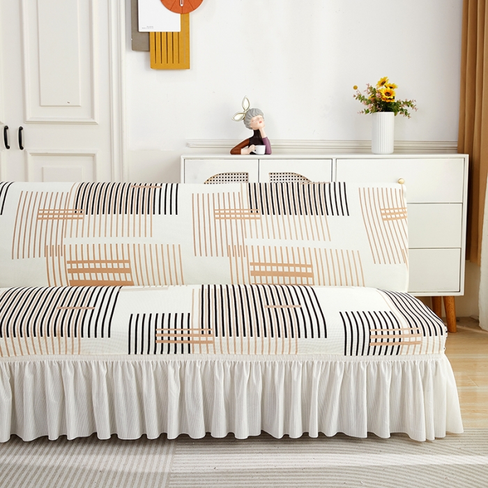 91家纺网 家纺一手货源 找家纺 丝绮鹿 2023新款针织柔肤格沙发床套裙边款 简素线条-黑