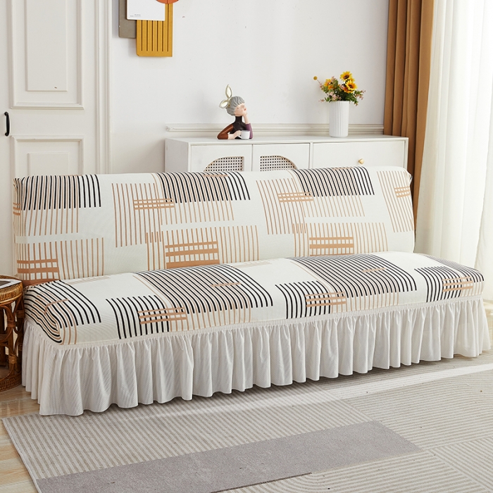 91家纺网 家纺一手货源 找家纺 丝绮鹿 2023新款针织柔肤格沙发床套裙边款 简素线条-黑