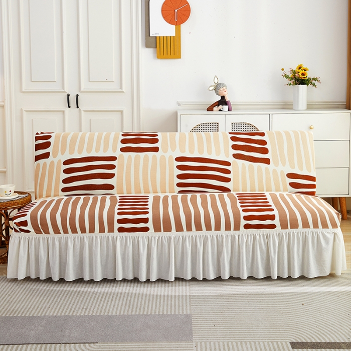 91家纺网 家纺一手货源 找家纺 丝绮鹿 2023新款针织柔肤格沙发床套裙边款 米咖条纹