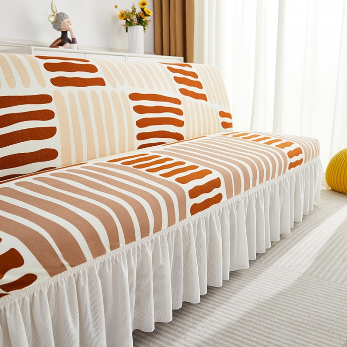 91家纺网 家纺一手货源 找家纺 丝绮鹿 2023新款针织柔肤格沙发床套裙边款 米咖条纹