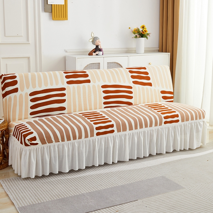 91家纺网 家纺一手货源 找家纺 丝绮鹿 2023新款针织柔肤格沙发床套裙边款 米咖条纹