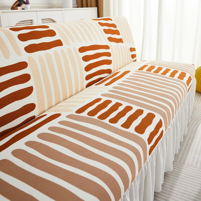 91家纺网 家纺一手货源 找家纺 丝绮鹿 2023新款针织柔肤格沙发床套裙边款 米咖条纹