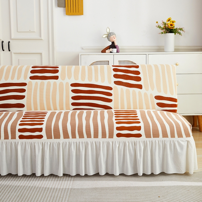 91家纺网 家纺一手货源 找家纺 丝绮鹿 2023新款针织柔肤格沙发床套裙边款 米咖条纹