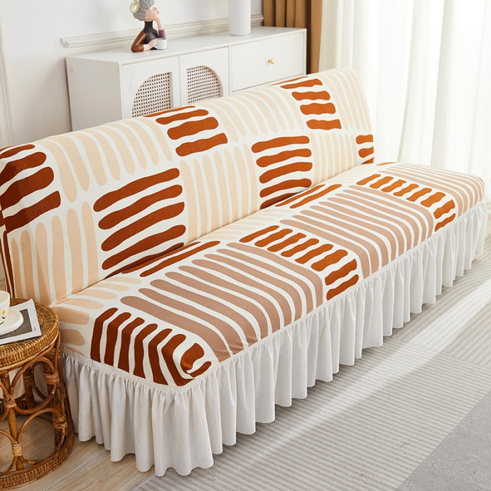 91家纺网 家纺一手货源 找家纺 丝绮鹿 2023新款针织柔肤格沙发床套裙边款 米咖条纹