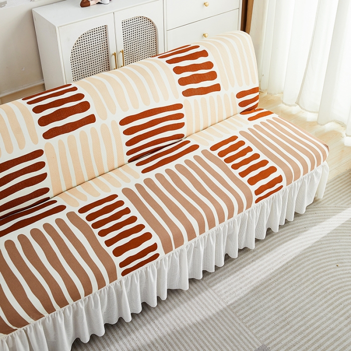 91家纺网 家纺一手货源 找家纺 丝绮鹿 2023新款针织柔肤格沙发床套裙边款 米咖条纹