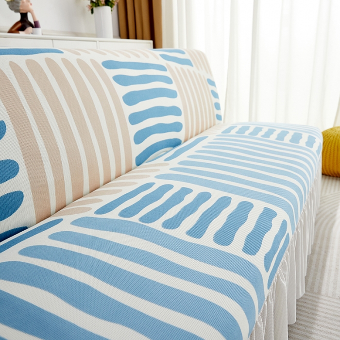 91家纺网 家纺一手货源 找家纺 丝绮鹿 2023新款针织柔肤格沙发床套裙边款 米兰条纹