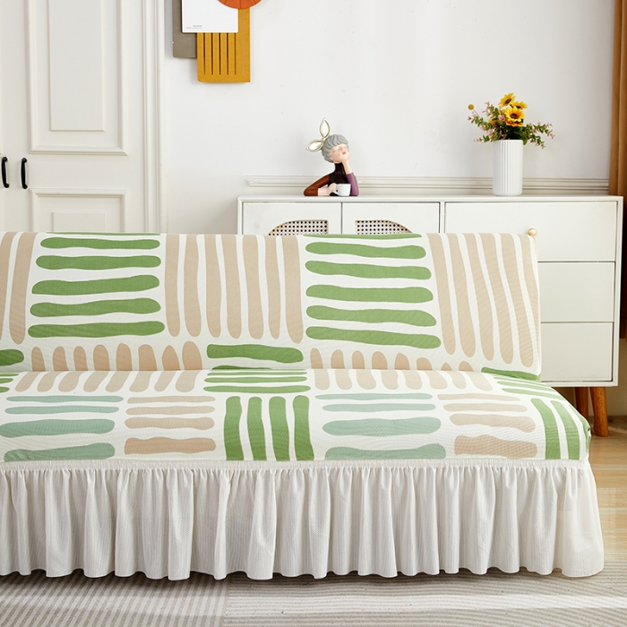 91家纺网 家纺一手货源 找家纺 丝绮鹿 2023新款针织柔肤格沙发床套裙边款 米绿条纹