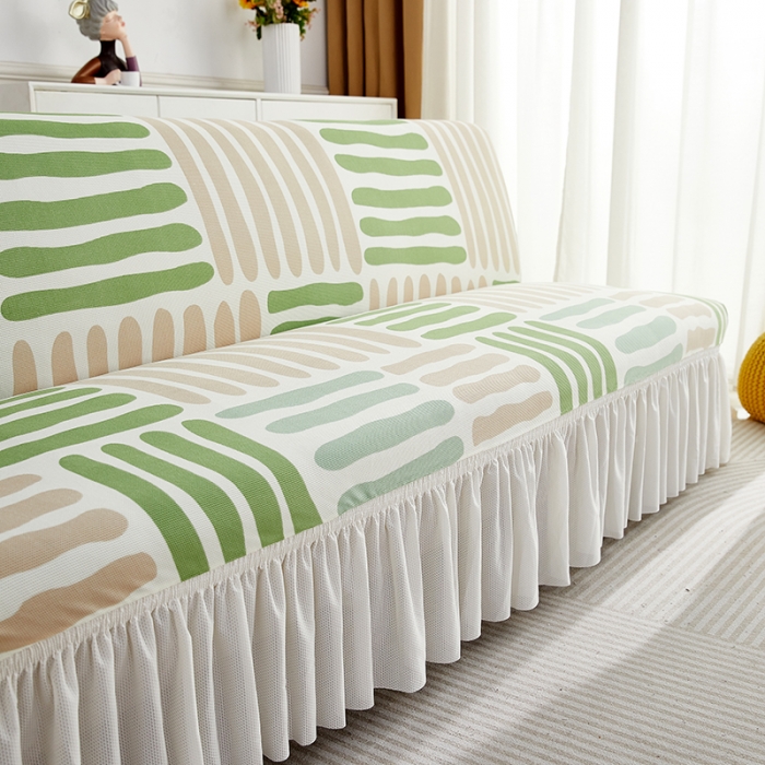 91家纺网 家纺一手货源 找家纺 丝绮鹿 2023新款针织柔肤格沙发床套裙边款 米绿条纹