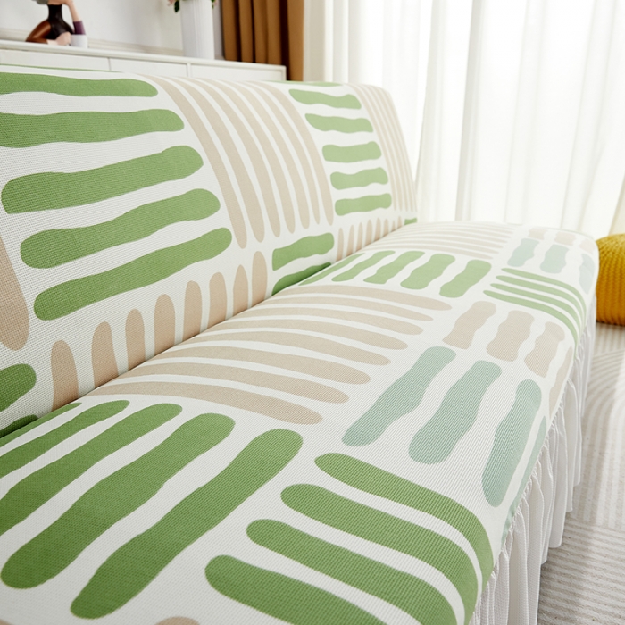 91家纺网 家纺一手货源 找家纺 丝绮鹿 2023新款针织柔肤格沙发床套裙边款 米绿条纹