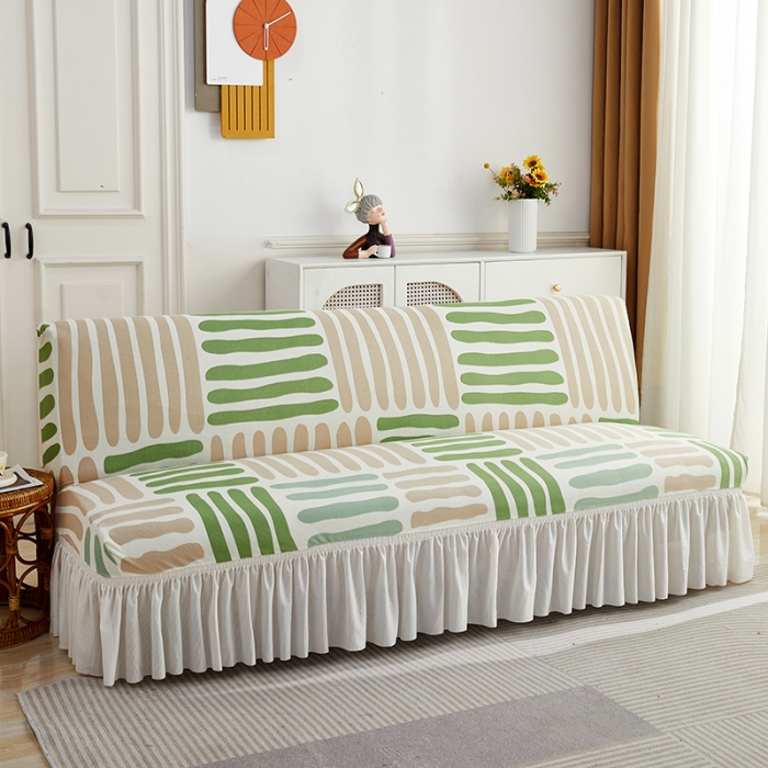 91家纺网 家纺一手货源 找家纺 丝绮鹿 2023新款针织柔肤格沙发床套裙边款 米绿条纹