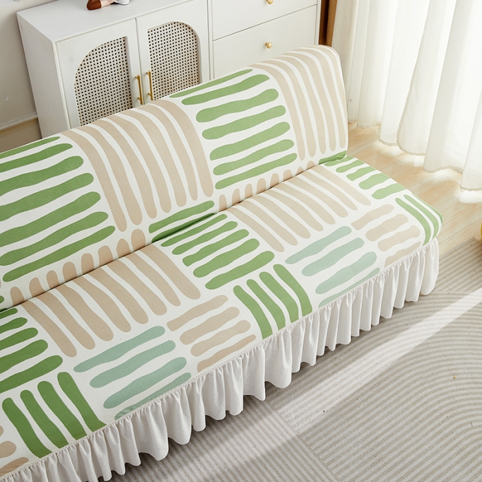 91家纺网 家纺一手货源 找家纺 丝绮鹿 2023新款针织柔肤格沙发床套裙边款 米绿条纹