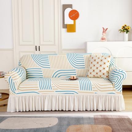 91家纺网 家纺一手货源 找家纺 丝绮鹿 2023新款针织柔肤格沙发套（裙边款） 几何-蓝