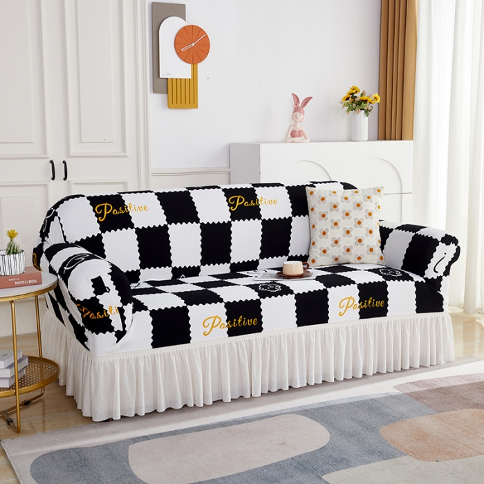 91家纺网 家纺一手货源 找家纺 丝绮鹿 2023新款针织柔肤格沙发套（裙边款） 黑白格