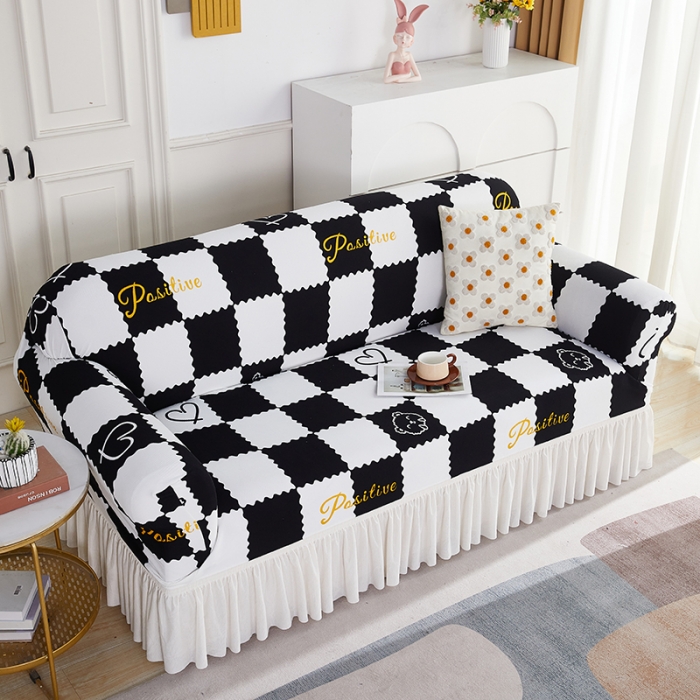 91家纺网 家纺一手货源 找家纺 丝绮鹿 2023新款针织柔肤格沙发套（裙边款） 黑白格