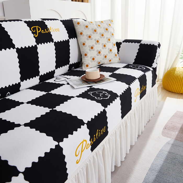 91家纺网 家纺一手货源 找家纺 丝绮鹿 2023新款针织柔肤格沙发套（裙边款） 黑白格