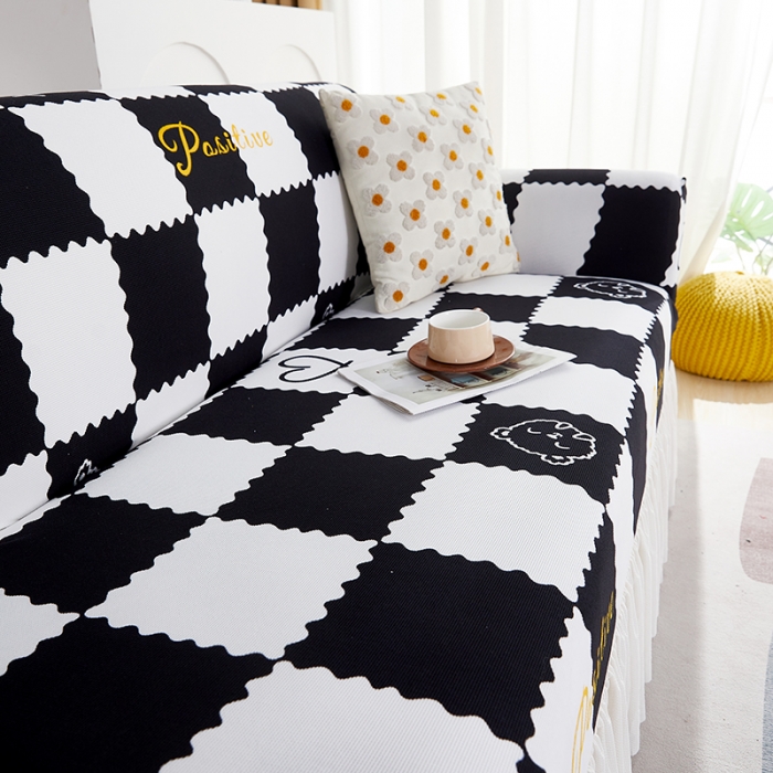 91家纺网 家纺一手货源 找家纺 丝绮鹿 2023新款针织柔肤格沙发套（裙边款） 黑白格