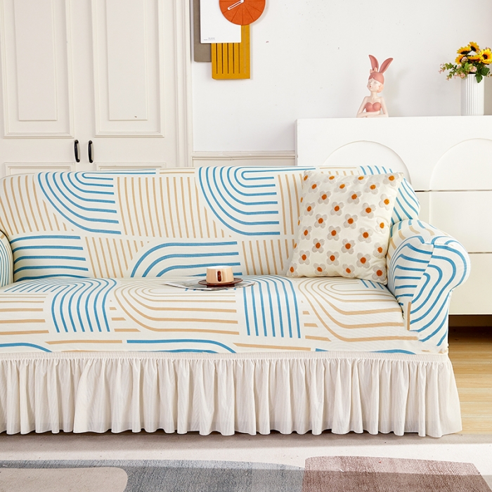 91家纺网 家纺一手货源 找家纺 丝绮鹿 2023新款针织柔肤格沙发套（裙边款） 几何-蓝