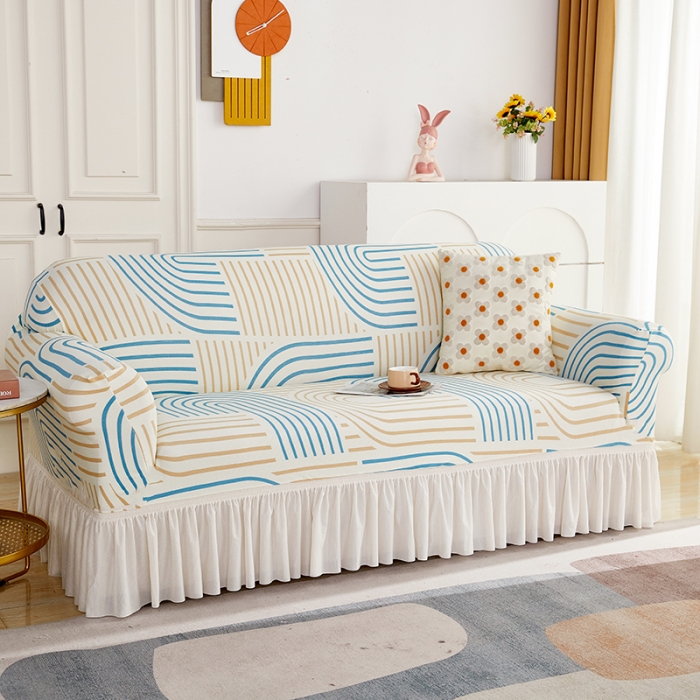 91家纺网 家纺一手货源 找家纺 丝绮鹿 2023新款针织柔肤格沙发套（裙边款） 几何-蓝