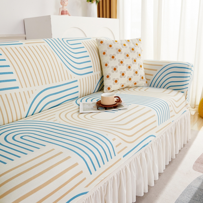 91家纺网 家纺一手货源 找家纺 丝绮鹿 2023新款针织柔肤格沙发套（裙边款） 几何-蓝