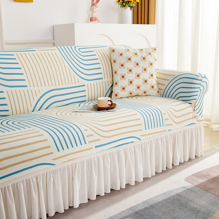 91家纺网 家纺一手货源 找家纺 丝绮鹿 2023新款针织柔肤格沙发套（裙边款） 几何-蓝