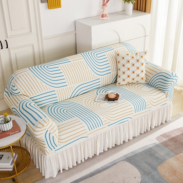 91家纺网 家纺一手货源 找家纺 丝绮鹿 2023新款针织柔肤格沙发套（裙边款） 几何-蓝