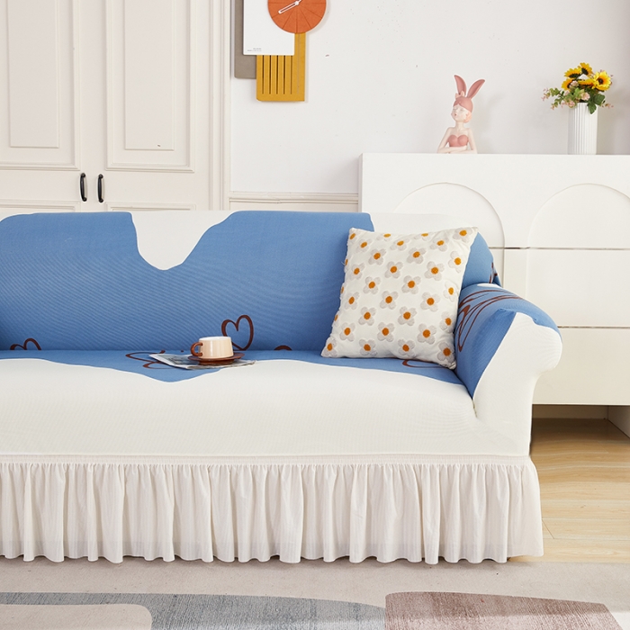 91家纺网 家纺一手货源 找家纺 丝绮鹿 2023新款针织柔肤格沙发套（裙边款） 简爱-蓝色