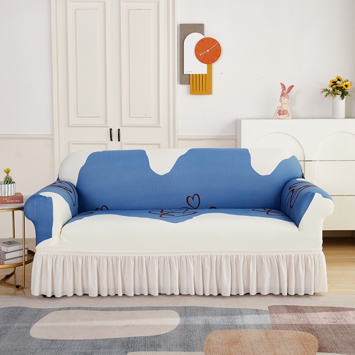91家纺网 家纺一手货源 找家纺 丝绮鹿 2023新款针织柔肤格沙发套（裙边款） 简爱-蓝色