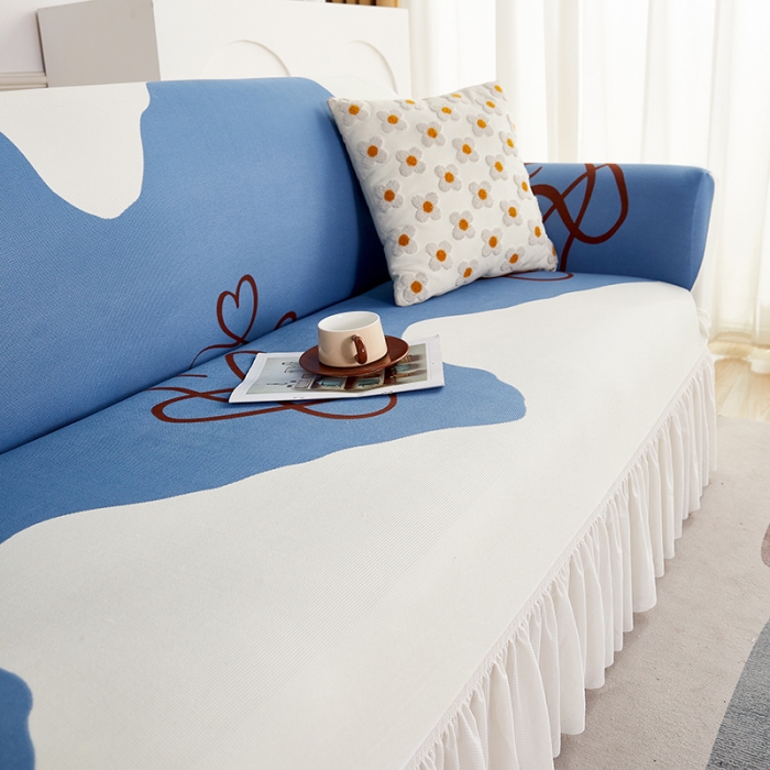 91家纺网 家纺一手货源 找家纺 丝绮鹿 2023新款针织柔肤格沙发套（裙边款） 简爱-蓝色