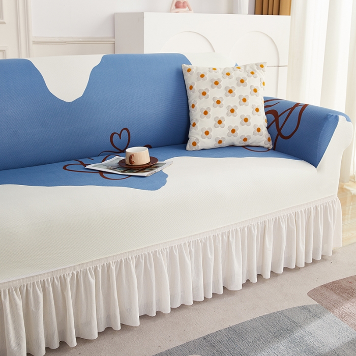 91家纺网 家纺一手货源 找家纺 丝绮鹿 2023新款针织柔肤格沙发套（裙边款） 简爱-蓝色