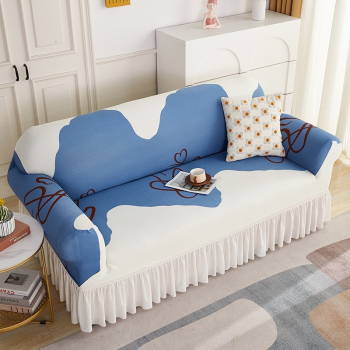 91家纺网 家纺一手货源 找家纺 丝绮鹿 2023新款针织柔肤格沙发套（裙边款） 简爱-蓝色