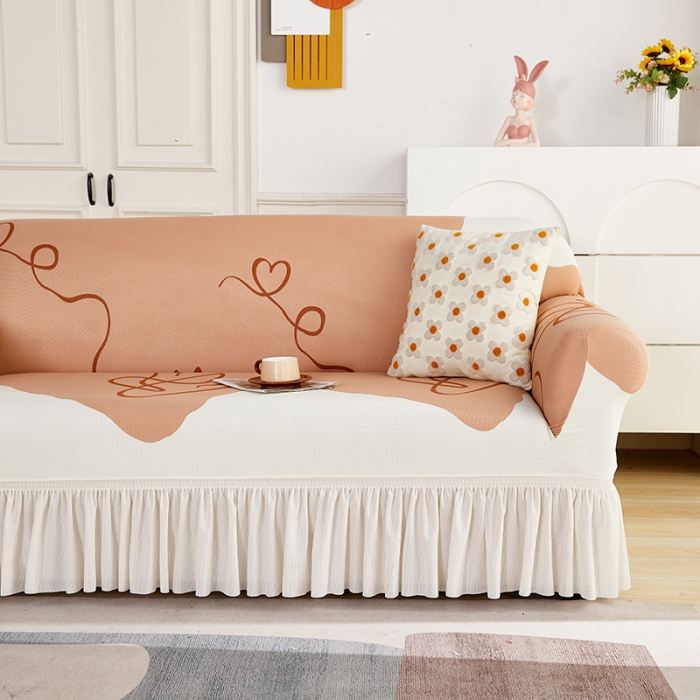 91家纺网 家纺一手货源 找家纺 丝绮鹿 2023新款针织柔肤格沙发套（裙边款） 简爱-杏色