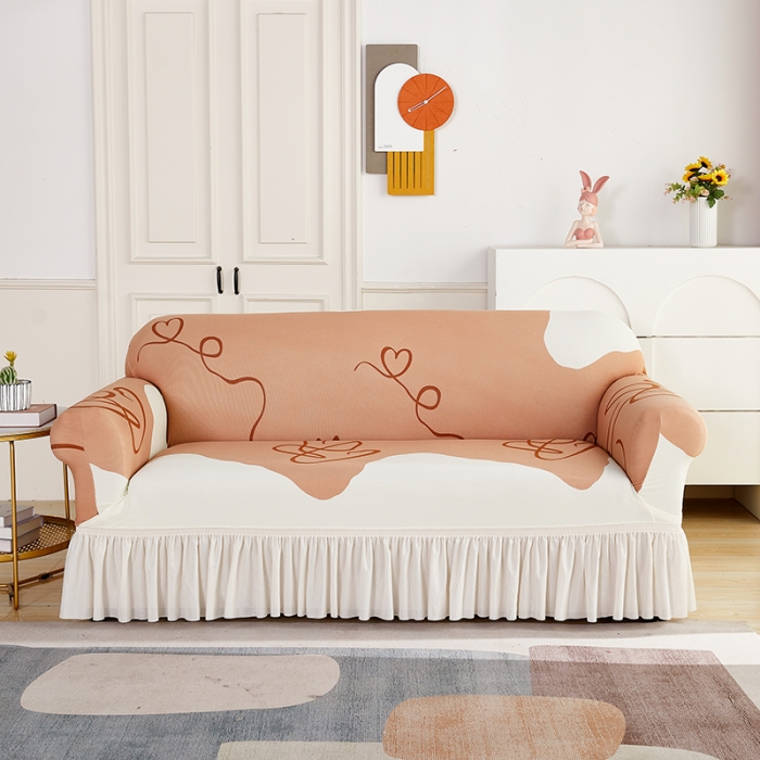 91家纺网 家纺一手货源 找家纺 丝绮鹿 2023新款针织柔肤格沙发套（裙边款） 简爱-杏色