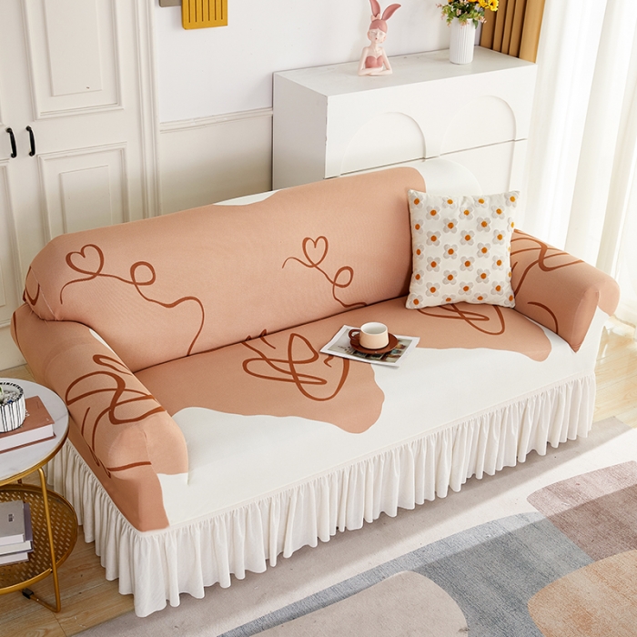 91家纺网 家纺一手货源 找家纺 丝绮鹿 2023新款针织柔肤格沙发套（裙边款） 简爱-杏色