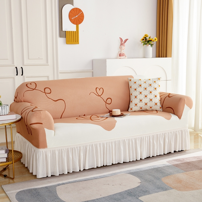 91家纺网 家纺一手货源 找家纺 丝绮鹿 2023新款针织柔肤格沙发套（裙边款） 简爱-杏色