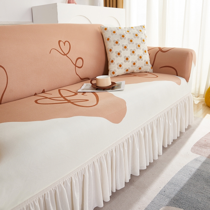 91家纺网 家纺一手货源 找家纺 丝绮鹿 2023新款针织柔肤格沙发套（裙边款） 简爱-杏色