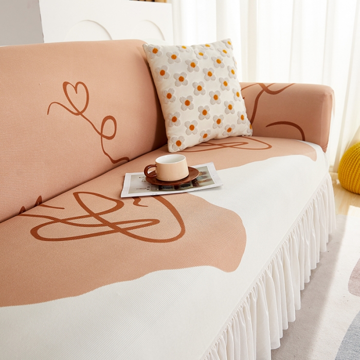 91家纺网 家纺一手货源 找家纺 丝绮鹿 2023新款针织柔肤格沙发套（裙边款） 简爱-杏色