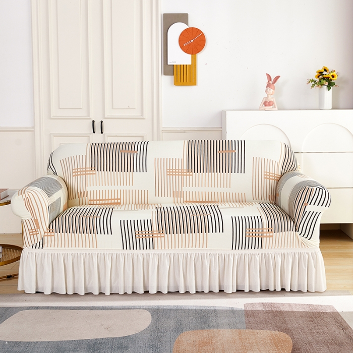 91家纺网 家纺一手货源 找家纺 丝绮鹿 2023新款针织柔肤格沙发套（裙边款） 简素线条-黑