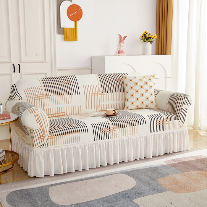 91家纺网 家纺一手货源 找家纺 丝绮鹿 2023新款针织柔肤格沙发套（裙边款） 简素线条-黑