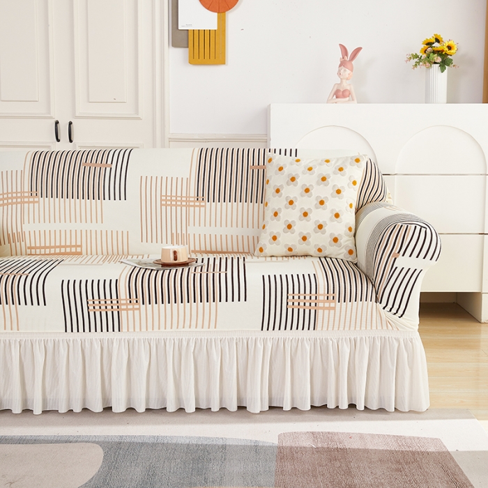 91家纺网 家纺一手货源 找家纺 丝绮鹿 2023新款针织柔肤格沙发套（裙边款） 简素线条-黑