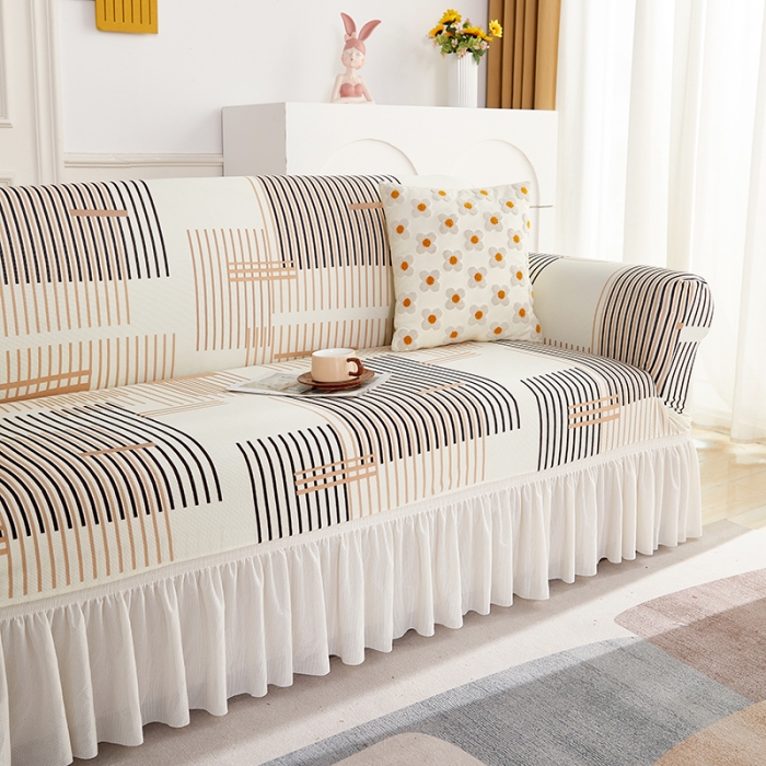 91家纺网 家纺一手货源 找家纺 丝绮鹿 2023新款针织柔肤格沙发套（裙边款） 简素线条-黑