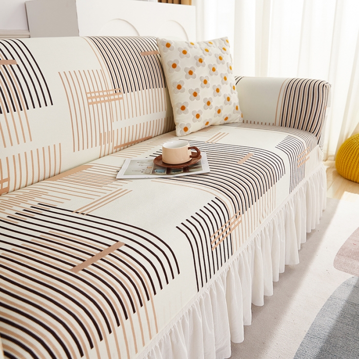 91家纺网 家纺一手货源 找家纺 丝绮鹿 2023新款针织柔肤格沙发套（裙边款） 简素线条-黑