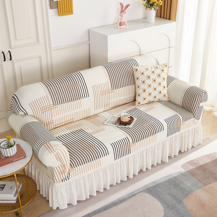 91家纺网 家纺一手货源 找家纺 丝绮鹿 2023新款针织柔肤格沙发套（裙边款） 简素线条-黑