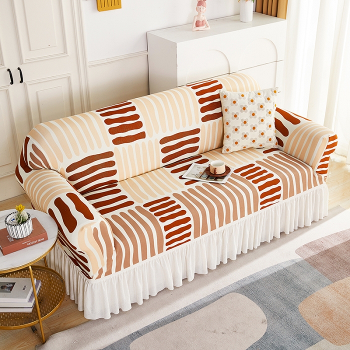 91家纺网 家纺一手货源 找家纺 丝绮鹿 2023新款针织柔肤格沙发套（裙边款） 米咖条纹